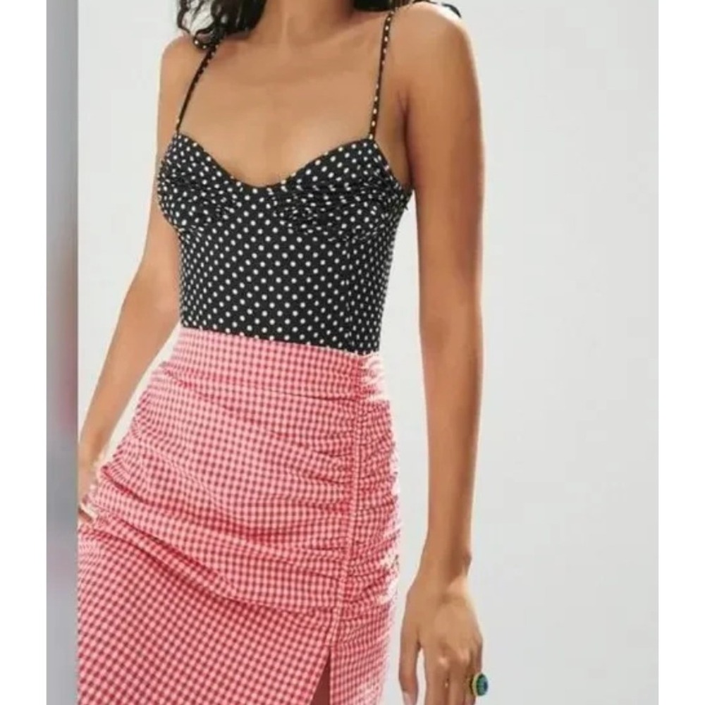 Zara Womens Polka Dot Bodysuit Black White Tie Strap Ruched Sweetheart Small